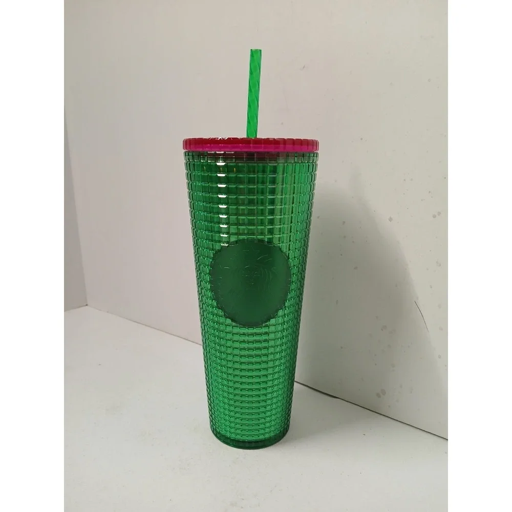 STARBUCKS STUDDED GREEN 24 OZ‎ TUMBLER CUP RED LID  Holiday Christmas Watermelon